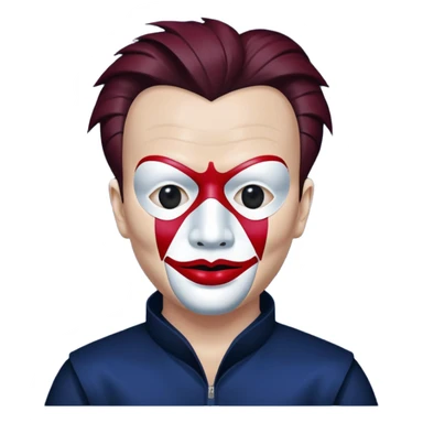 Mirrored Rick Astley but he has a mask that looks like a Japanese female version of Jigsaw, the entire picture, including Mirrored Rick Astley, is deepfried and dark as hell, the background is (deepfried) dark blue, and Mirrored Rick Astley is (deepfried) dark red sticker