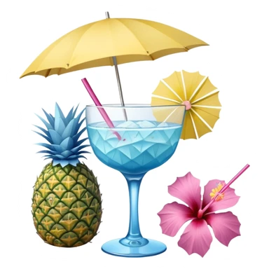 blue tropical cocktail with hibiscus, pineapple, and tiny pastel paper umbrella garnishes sticker