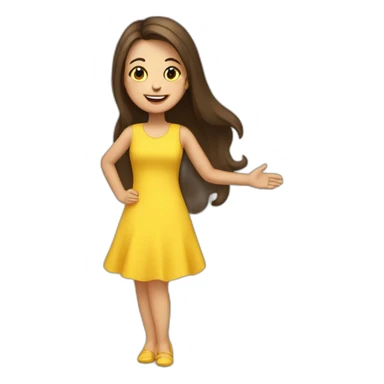 Brunette very happy girl with long hair shake her hand for say hi! to someone. She is wearing a yellow dress sticker