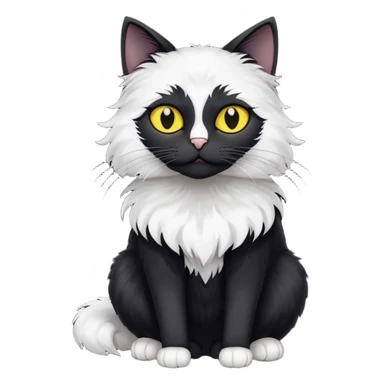create an image of a black cat with yellow eyes and a white spot on the chest the cat is sitting looking forward in illustration style sticker