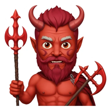 satan emoji holding a trident. make him red and scary. make him older with a beard sticker