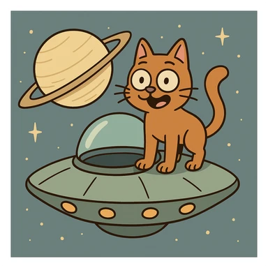 a cat on top of a UFO with Saturn in the background, cartoon style sticker