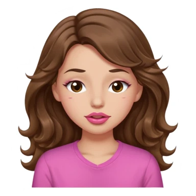 girl with long wavy brown hair, brown eyes, light to medium complexion, in a pink shirt, pink lips, long lashes, puckering lips kissing, winking with one eye closed sticker