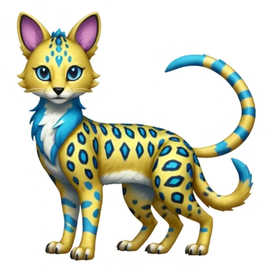 Colorful Golden Gold Shiny Lombax-Sergal-Vernid-Serval-Civet-Genet-Pokémon-Digimon-Fakémon-fusion-hybrid-creature with Cyan stripes and blue leopard-spot-markings  sticker