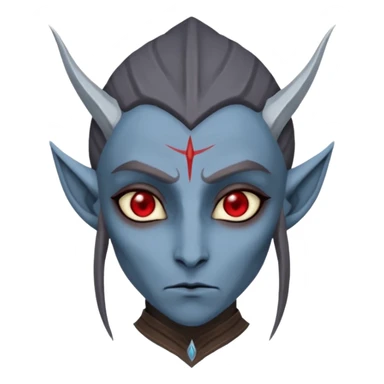 sad face emoji styled as a dark elf Dunmer from Elder Scrolls, grayish-blue skin, red eyes, pointed ears sticker