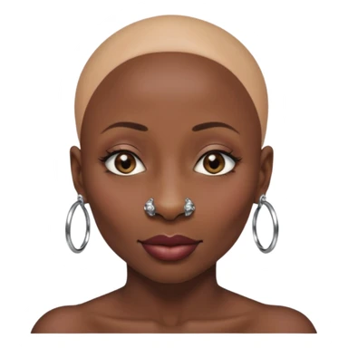 Grown black (proud) woman, bald with a perfect head, a prominent nose with a septum piercing, many piercings on her ears, a gap between her front teeth and very long nails (cynthia erivo) sticker