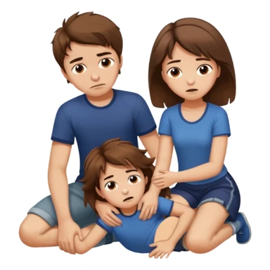 boy with messy brown hair and short putting his foot on a kneeling girl's head sticker