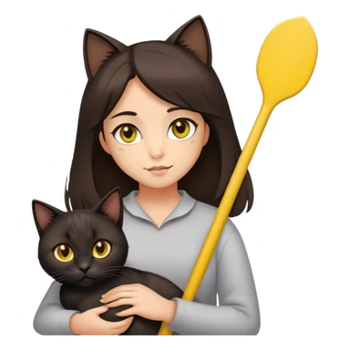 A girl with medium-length hair, brown eyes, brunette and slightly swarthy.In her arms is a black paddle-eared cat with yellow eyes sticker