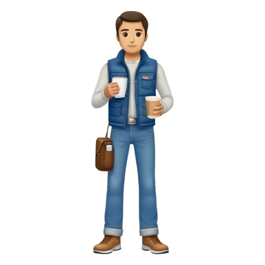 full body man with plain puffy vest with no pockets over long sleeved shirt wearing straight levi boot cut levi blue jeans and tennis shoes holding coffee mug in his hand sticker