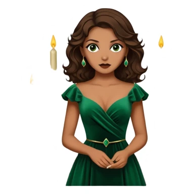 A half-body image of a woman with dark, smoky eyes and soft, wavy brown hair. She’s wearing a velvet, emerald green dress, with a serious yet alluring expression, standing in front of an antique, candlelit setting. sticker