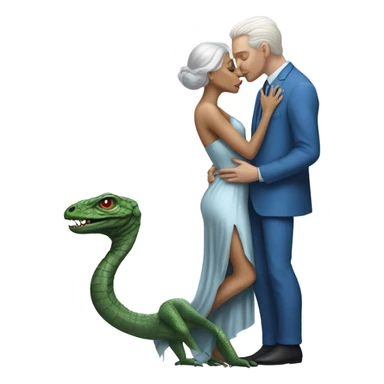 White man in blue dress  hugs and kissing Alien reptilian woman in silver dress  sticker