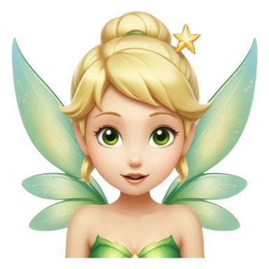 Cinematic Realistic Blonde Tinker Bell Fairy Portrait, head tilted playfully and inquisitively, showcasing a delicate pixie form with finely detailed, golden blonde hair and softly glowing, translucent wings that catch the light with a cascade of fairy dust. Her bright, curious eyes sparkle with mischief and wonder, rendered with lifelike clarity and warm, gentle lighting that captures the essence of a spirited, charming fairy ready to flutter playfully into your heart. sticker