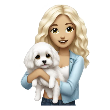 White Cute straight long-haired Blonde and blue-eyed girl fashion nightclub outfit and holding happy white cavachon dog sticker