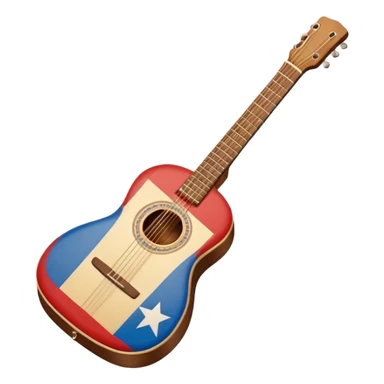 “Flat vector icon of a Cuban tres guitar in three-quarter view, warm brown wood with 3 string courses, thick outline, centered on a warm cream or beige rounded-square (or circle); add a small simplified Cuban flag (blue, red, white) on the soundboard like a sticker.  sticker