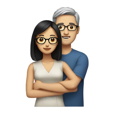 A bespectacled brown-haired white man and a black-haired Asian woman holding him sticker