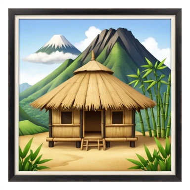 bamboo hut with volcano in the back side sticker