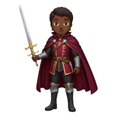 Vestimenta: Ropa de noble — chaqueta ajustada, capa corta, botas altas y espada al cinto. Colores oscuros (rojo vino, negro, granate) sticker