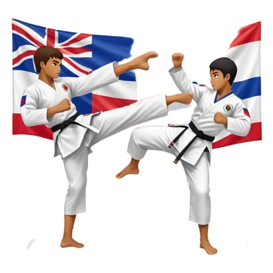 Two taekwondo fighters in a competition arena, one performing a high spinning kick towards the opponent’s head, while the other blocks with a precise guard. The background features a dynamic, bright arena with flags, emphasizing speed and agility in the martial art. Transparent background  sticker