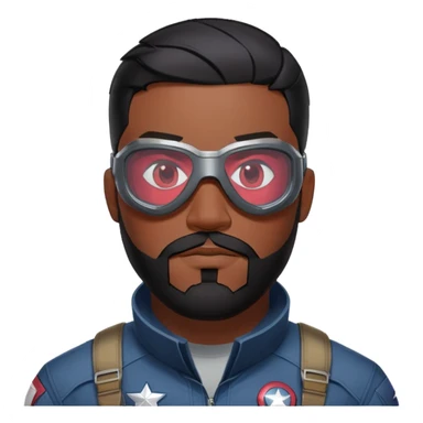 sam wilson with  short, neatly cropped black hair and a well-groomed beard that connects to his mustache,  wear sleek, red-tinted tactical goggles fit snugly from captain america: civil war sticker