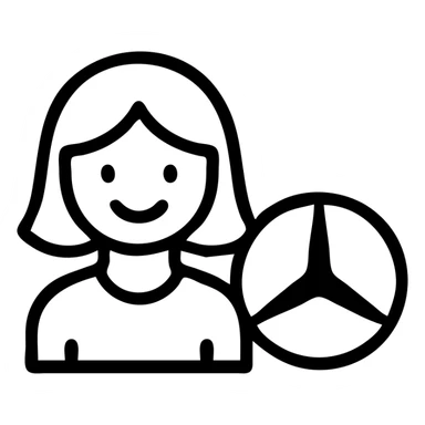 iconic style, limited colors, minimal details, girl smiling next to Mercedes logo, simple icon design sticker