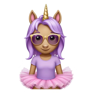 head and shoulders portrait of a friendly anthropomorphised female unicorn in tutu and pink t-shirt, wearing dark sunglasses, lavender and gold color scheme sticker