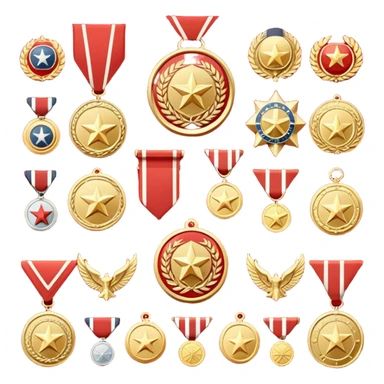 Icon for Collecting Orders, Medals & Badges: a variety of vintage orders, medals and badges, displayed neatly on a big red pennant or in a display case. The icon should reflect the honor and historical significance of these collectible items. Transparent background. sticker