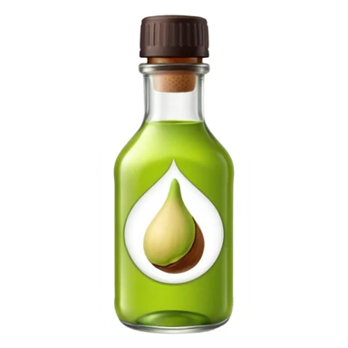 small glass bottle with translucent green liquid inside suggesting concentrated pistachio essence, narrow neck, simple unbranded label, dark cap, liquid slightly viscous with vivid natural tint, soft lighting, subtle shadows, emoji scale sticker