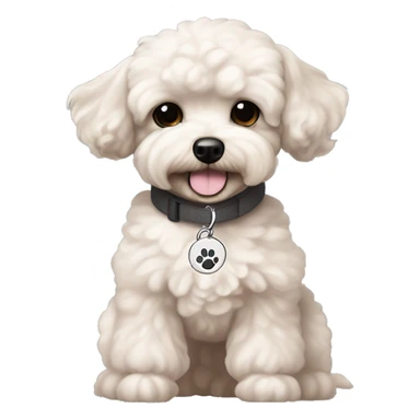Generate a beige to greyish-white maltipoo dog (maltese + toy poodle) with dark grey ear tips and a black nose and brown eyes with a collar in light pink and the word beta written on the collars charm sticker