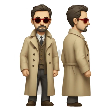 1930s investigator, a Caucasian man with short, dark hair and a rough beard, wears tiny red-tinted sunglasses and a dirty beige trench coat. He has a serious demeanor. sticker