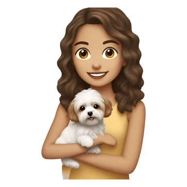 Girl with brown hair and brown eyes holding a white maltipoo and light brown yorkie poo sticker
