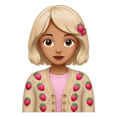 beige crocheted cardigan embroidered with small pink strawberries sticker