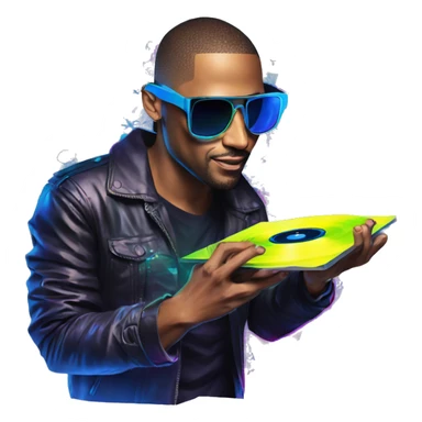 A dj wearing sunglasses playing music holding a cd record record, vinyl, oilslick holographic blacklight inverted graffiti dark dull sticker