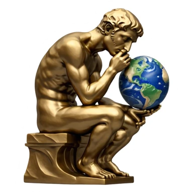 rodins sculpture the thinker but with a planet earth in its hand sticker