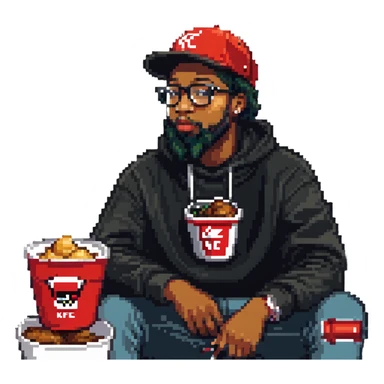 BBNO$ rapper sitting in a KFC bucket, glasses, beard, snapback cap sticker