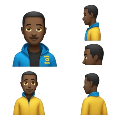 A black man with a blue zip-up sweater with a yellow logo that says "csee" on it sticker