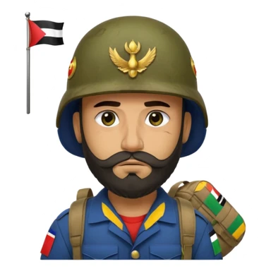 A tired, swarthy Iraqi soldier with a beard, an Iraqi flag on his helmet, a sad expression and bags under his eyes sticker