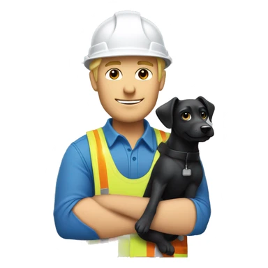 Blonde male Construction worker wearing a hat and blue work wear with little black dog on his arm sticker