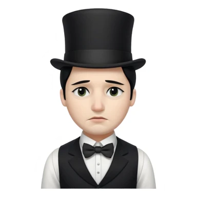 A man with snow white skin, a black half mask with an eye hole, a black top hat, a black vest with a black tie tucked underneath, and a white collared shirt. A frown, and closed eyes. sticker