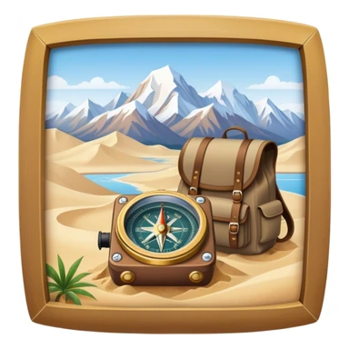 Icon for Expeditions: a compass, a map, a backpack and a rugged expedition jeep, set against a backdrop of snowy mountains, sand dunes and tropical islands. The icon should capture the spirit of adventure and exploration in diverse landscapes. Transparent background. sticker