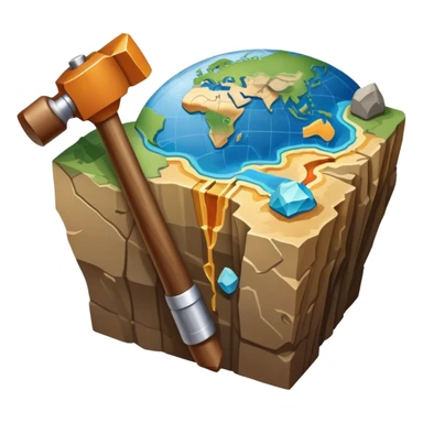 An icon featuring a rock hammer, a geological map, and layers of Earth’s crust, symbolizing geology. The design includes mineral samples, fossils, and tectonic plates, representing the study of Earth’s structure and natural processes. Transparent background highlights geological exploration sticker