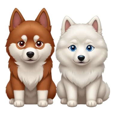 two dogs sitting side by side: a red siberian husky with blue eyes, and a white samoyed with brown eyes sticker