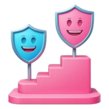 Minimalist 3D emoji-style podium with 2 steps on a green chroma key background. Step 1 (higher) features a handshake icon with blue neon glow. Step 2 (lower) features a smiling tooth with a shield icon and pink neon glow. Clean rendering, soft colors, uniform lighting. sticker