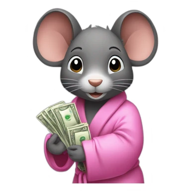 a rat female with a pink bathrobe and black hairs, holding a bunch of money sticker