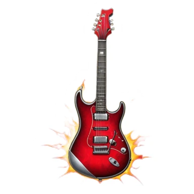 Create a fierce and edgy emoji representing hardcore rock vocal performance in a humanless collage. The design should feature a vintage microphone at the center, Add crossed drumsticks behind the microphone to symbolize the rhythm and power of the drums. surrounded by a menacing, distorted electric guitar with sharp, aggressive angles. Include subtle elements like lightning bolts, flames, or jagged sound waves to evoke the raw energy and intensity of hardcore rock. Use dark, intense colors like black, red, and silver, with a metallic, gritty finish to convey the rebellious, aggressive spirit of the genre. The background should be transparent. sticker