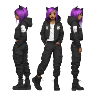 Edgy beautiful pretty anime punk tomboy with cat ears techwear cargo pants hoodie sticker