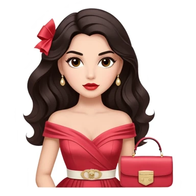 A woman with slightly darker almond-toned skin, voluminous dark hair in waves, expressive eyes with soft lashes and shimmer, full lips with a glossy nude-pink color, wearing a red dress and a white crossbody sash with “Miss San Juan” in black letters, exuding elegance and confidence. sticker