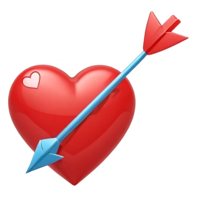 Apple-style 3D illustration of a glossy red heart pierced by a horizontal double-ended arrow. One end of the arrow has a small female symbol, the other end has a small male symbol. The heart is centered, shiny, with soft shadows, floating on a clean white background, minimal and emotional design sticker