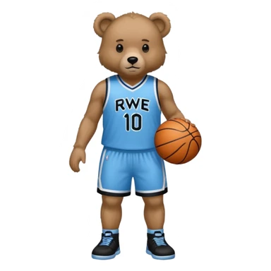 Bear with full body and wearing basketball black and light blue jersey that says RWE  sticker
