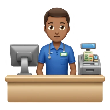 Supermarket employee at a cash register, full body, serving a man sticker