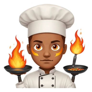 proud chef with blazing fire eyes, crossing two skillets across chest like a warrior sticker